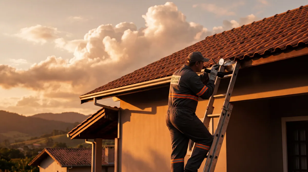 Técnico Cupinsect inspecionando telhado — remoção de morcegos