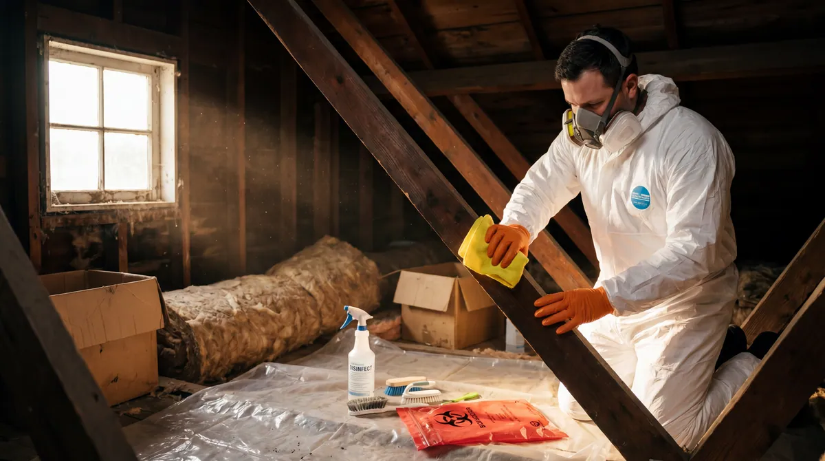 Técnico com EPI fazendo descontaminação de sótão — Cupinsect